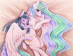  2016 bed cuddling cute duo equine eyes_closed feathered_wings feathers friendship_is_magic hair horn horse mammal my_little_pony pastelmistress pony princess_celestia_(mlp) purple_eyes smile spooning twilight_sparkle_(mlp) unicorn white_feathers winged_unicorn wings 
