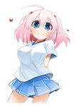  arms_behind_back blue_eyes blush breasts contrapposto heart highres large_breasts looking_at_viewer miniskirt moegi_nenene original pink_hair simple_background skirt smile solo standing white_background 