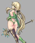 ass bare_back bare_shoulders black_legwear blonde_hair boots detached_sleeves elf fingerless_gloves from_behind gloves green_eyes green_leotard leotard long_hair looking_back low_twintails original pointy_ears ribbon single_thighhigh solo staff thighhighs twintails very_long_hair weapon zofe 