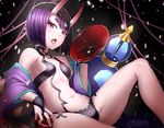  alcohol breasts bu_li cherry_blossoms chestnut_mouth cup dripping fang fate/grand_order fate_(series) gourd hair_ornament horns looking_at_viewer makeup medium_breasts navel off_shoulder oni open_mouth petals pouring purple_eyes purple_hair sakazuki sake short_eyebrows short_hair shuten_douji_(fate/grand_order) sideboob sitting solo tongue tongue_out 