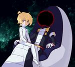  ahoge alpha_omega_nova armband artist_name black_hole_(space) blackholian blonde_hair blue_eyes chair faceless fur_trim gloves jacket looking_at_viewer mt.somo multiple_boys pants sitting sitting_on_lap sitting_on_person spoilers uchuu_patrol_luluco white_gloves white_jacket white_pants 