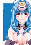  blue_hair blush breasts collar cover cover_page fingerless_gloves gloves kos-mos long_hair medium_breasts nakajima_rei nipples nude parted_lips red_eyes solo upper_body xenosaga 