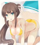  all_fours ass bangs bikini breasts brown_hair cleavage collarbone commentary_request elu eyebrows_visible_through_hair green_eyes hair_ribbon halter_top halterneck highres large_breasts long_hair looking_at_viewer original parted_lips ponytail ribbon sidelocks smile solo swimsuit umbrella white_ribbon yellow_bikini 