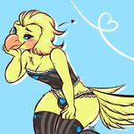  &lt;3 2016 anthro avian beak bird black_eyes blonde_hair blue_background blue_sclera breasts cleavage clothed clothing cockatiel cockatoo english_text feathers female hair legwear looking_at_viewer maplecookies panties parrot signature simple_background smile solo text underwear yellow_feathers 