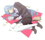  blue_hair bouquet brown_eyes flower highres jacket kiznaiver loafers long_hair lying on_side parted_lips shao_(newton) shoes solo sonozaki_noriko thighhighs white_legwear 