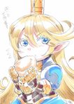  blonde_hair blue_eyes blush bread charlotta_fenia crown eating food gauntlets granblue_fantasy harvin long_hair looking_at_viewer pointy_ears solo tsuki_wani very_long_hair 