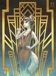  2016 alcohol anthro art_deco beverage breasts cat champagne cleavage clothed clothing dress elbow_gloves feline female flapper food fur glass gloves hair hand_on_hip inner_ear_fluff jewelry kacey mammal necklace pattern_background sash short_hair simple_background small_breasts solo white_fur 