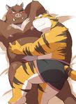  ayame42612 blush boar boxer_briefs clothing duo embarrassed feline hug male male/male mammal porcine tiger underwear 
