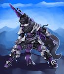  2016 anthro armor belt black_fur black_hair black_nose blue_eyes boots canine clothed clothing cloud day footwear frenor fur grey_fur hair hi_res loincloth male mammal melee_weapon open_mouth outside sky solo sword teeth tongue weapon wolf zerolativity 