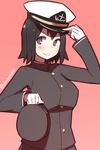  :&gt; akitsu_maru_(kantai_collection) alternate_headwear anchor_symbol black_eyes black_hair black_hat borrowed_garments breasts closed_mouth coupon_(skyth) gloves hand_on_headwear hand_up hat hat_removed headwear_removed headwear_switch holding holding_hat kantai_collection long_sleeves looking_at_viewer medium_breasts military military_uniform peaked_cap pink_background red_background short_hair simple_background solo twitter_username uniform upper_body v-shaped_eyebrows white_gloves white_hat 