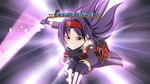  ahoge cape fingerless_gloves gloves hairband long_hair prbili purple_hair red_eyes smile solo sword sword_art_online tales_of_(series) translated weapon yuuki_(sao) 