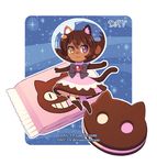  :3 animal_ears artist_name black_bow boots bow brooch brown_eyes brown_footwear brown_hair cat_ears cat_girl cat_tail chibi closed_mouth cookie cookie_cat dark_skin dav-19 dress floating food heterochromia ice_cream jewelry lace_background outstretched_arms personification pink_dress pink_legwear purple_eyes single_thighhigh solo space_helmet spread_arms steven_universe tail thighhighs transparent_background watermark web_address 