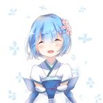  :d ^_^ blue_hair blush closed_eyes detached_sleeves hair_ornament japanese_clothes obi open_mouth re:zero_kara_hajimeru_isekai_seikatsu rem_(re:zero) sash sayo short_hair smile solo upper_body white_background x_hair_ornament younger 