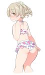  1girl ass bangs bare_arms bare_shoulders bikini bikini_tug blush brown_eyes eyebrows_visible_through_hair floral_print frilled_bikini frills hair_between_eyes hand_up idolmaster idolmaster_cinderella_girls kneepits light_brown_hair looking_at_viewer looking_back morikubo_nono nose_blush print_bikini ringlets simple_background solo swimsuit ushi white_background white_bikini 