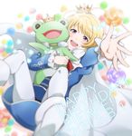  2015 blonde_hair candy character_name cm10th dated earrings food happy_birthday highres idolmaster idolmaster_side-m jewelry kaerre lollipop looking_at_viewer male_focus pantyhose pierre_(idolmaster) stuffed_animal stuffed_frog stuffed_toy swirl_lollipop white_legwear 