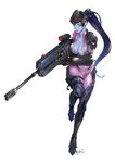  artist_name bodysuit breast_squeeze breasts center_opening ffc full_body gloves gun head_mounted_display highres large_breasts lips long_hair looking_at_viewer overwatch pink_bodysuit ponytail purple_hair purple_skin rifle running signature simple_background sniper_rifle solo very_long_hair visor weapon white_background widowmaker_(overwatch) yellow_eyes 