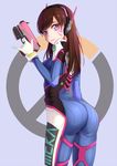  absurdres alternate_eye_color armor ass bangs bodysuit breasts brown_hair d.va_(overwatch) emblem facepaint facial_mark finger_on_trigger from_behind gloves gun handgun headphones highres holding holding_gun holding_weapon jinji_de_guai_shushu long_hair looking_at_viewer looking_back medium_breasts overwatch pilot_suit pink_eyes pinky_out purple_background shoulder_pads simple_background skin_tight solo swept_bangs weapon whisker_markings white_gloves 