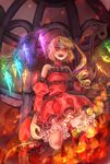  alternate_costume asymmetrical_hair blonde_hair bloomers choker crystal detached_sleeves dress fangs flandre_scarlet glowing highres laevatein long_sleeves open_mouth pointy_ears puffy_sleeves red_dress red_eyes remi_(isizaki0204) side_ponytail smile solo touhou underwear wings 