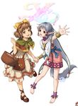  2girls :d adol_christin anklet bad_id bad_pixiv_id bag bare_legs barefoot basket blue_bow bow brown_eyes brown_footwear brown_hair cape copyright_name dress grey_hair hair_bow handbag holding_hands isha_(ys) jewelry looking_at_viewer maya_(ys) multiple_girls necklace open_mouth pink_skirt pointy_ears red_eyes red_hair rioreo shawl shoes short_hair signature skirt smile tail v white_background yellow_bow ys ys_seven ys_vi_ark_of_napishtim 