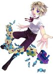  belt black_footwear black_pants blonde_hair endou_minari full_body looking_at_viewer male_focus open_mouth outstretched_hand pants purple_eyes shirt shoes solo toy_train uchuujin_no_shiwaza_desu white_background white_shirt wrapped_candy 
