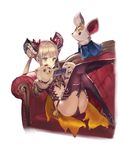  armor ass bangs beads blunt_bangs boots bow breasts cerberus_(shingeki_no_bahamut) cerberus_(shingeki_no_bahamut)_(cosplay) collar cosplay couch double_bun frills from_side full_body hair_bow hair_ornament hand_puppet high_heel_boots high_heels holding indoors knee_up leaning_back leg_up long_hair looking_down luna_(shadowverse) midriff n.a. panties puppet purple_legwear purple_panties shadowverse shingeki_no_bahamut side-tie_panties sidelocks silver_hair simple_background sitting small_breasts spiked_collar spikes thighhighs twintails underwear white_background yellow_eyes 