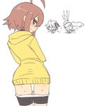  2girls :o ahoge back bike_shorts bike_shorts_pull blush brown_eyes brown_hair hood hoodie hyde_(under_night_in-birth) linne long_sleeves looking_back multiple_girls nanase_(under_night_in-birth) open_mouth panties panty_pull purple_eyes short_hair shorts shorts_pull sumiyao_(amam) sweat translation_request twintails under_night_in-birth underwear v-shaped_eyebrows white_panties 