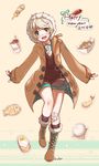  2016 bandages boba boots closers coat fingerless_gloves food full_body gloves green_eyes grey_hair happy_new_year hood male_focus mistilteinn_(closers) new_year open_mouth shorts smile solo 