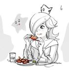  1girl :t artist_request chicken_(food) chicken_wing chiko_(mario) collarbone condiment crown cup dress drinking_glass eating food food_on_face hair_over_one_eye hands_up highres holding holding_food ice ice_cube long_hair long_sleeves mario_(series) plate rosetta_(mario) simple_background sketch source_request spicy spot_color star star-shaped_pupils super_mario_bros. super_mario_galaxy sweat symbol-shaped_pupils tears water white_background wide_sleeves 