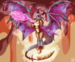  2016 anthro anthrofied armor bat_wings blue_scales breasts clothed clothing dragon english_text female friendship_is_magic hi_res horn looking_at_viewer magic membranous_wings my_little_pony ogaraorcynder pink_eyes princess_ember_(mlp) scales scalie signature solo spread_wings staff text white_horn wings 