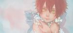  1boy blush child close-up daisy eyelashes fairy fairy_wings flower green_eyes lips looking_away male_focus original red_hair renos scratch shirtless simple_background solo spiked_hair upper_body wings younger 