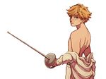  1boy adrien_agreste artist_request back blonde_hair chat_noir child cowboy_shot fencing from_behind green_eyes looking_at_viewer male_focus miraculous_ladybug shirtless simple_background smile solo undressing white_background 