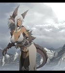  bare_shoulders breasts cleavage cloud cloudy_sky danzilla dark_skin day detached_collar grey_hair large_breasts leaning_forward looking_to_the_side monster_girl mountain parted_lips scales sky solo tail thighhighs yellow_eyes 
