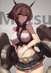  :o bare_shoulders breasts brown_hair character_name collar contrapposto cowboy_shot gloves headgear kantai_collection large_breasts looking_at_viewer machinery midriff miniskirt mutsu_(kantai_collection) pleated_skirt short_hair skirt solo standing wet wet_clothes white_gloves x2 yellow_eyes 