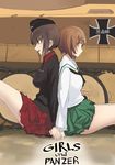  back-to-back brown_eyes brown_hair copyright_name drum_(acta2436) from_side garrison_cap girls_und_panzer green_skirt ground_vehicle hat highres holding_hands iron_cross kuromorimine_military_uniform military military_uniform military_vehicle miniskirt motor_vehicle multiple_girls nishizumi_maho nishizumi_miho ooarai_school_uniform profile school_uniform serafuku short_hair siblings sisters sitting sketch skirt tank uniform 