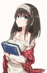  azuuru bare_shoulders black_hair blue_eyes blush book breasts hairband highres idolmaster idolmaster_cinderella_girls jewelry long_hair looking_at_viewer medium_breasts necklace pendant sagisawa_fumika shawl solo 