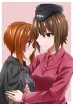  2girls blush brown_eyes brown_hair dress_shirt garrison_cap girls_und_panzer hat incest jacket kurokawa_rikuu long_sleeves military multiple_girls nishizumi_maho nishizumi_miho red_shirt school_uniform short_hair simple_background sisters smile uniform yuri 