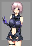  :d breasts elbow_gloves fate/grand_order fate_(series) gloves grey_background highres large_breasts looking_at_viewer mash_kyrielight md5_mismatch navel open_mouth purple_eyes short_hair silver_hair simple_background smile solo tony_guisado v 