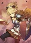  artist_name black_legwear blonde_hair boots breastplate cape closed_mouth green_eyes gwen_(toukiden) hair_ribbon hidari_(left_side) holding holding_sword holding_weapon looking_at_viewer official_art pantyhose plaid plaid_ribbon plaid_skirt pleated_skirt ribbon shield skirt solo sword toukiden_2 watermark weapon 
