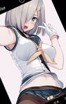  akasaai armpit_peek armpits black_legwear blue_eyes blush breasts buttons cowboy_shot crotch_seam gloves hair_ornament hair_over_one_eye hairclip hamakaze_(kantai_collection) highres kantai_collection large_breasts looking_at_viewer navel neckerchief open_mouth pantyhose reaching_out school_uniform self_shot serafuku short_hair short_sleeves silver_hair simple_background solo under_skirt v white_gloves yellow_neckwear 