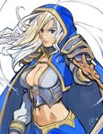  blonde_hair blue_eyes breasts bustier cleavage jaina_proudmoore john_crayton large_breasts lips long_hair midriff navel outstretched_hand solo warcraft 