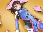  1girl abuse beaten blood bodysuit brown_eyes brown_hair bullet_hole d.va_(overwatch) dying empty_eyes hair_ornament injury long_hair lying on_back overwatch pilot_suit ryona shaded_face solo turn_pale 
