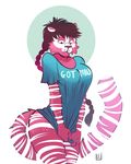  anthro bottomless clothed clothing feline female happylittlecloud mammal simple_background solo standing striped_tail stripes 