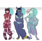  anthro big_breasts bra breasts canine clothing dog feline female group half-closed_eyes hands_on_hips happylittlecloud husky mammal panties simple_background smile standing underwear 