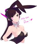  animal_ears bangs bare_shoulders breasts brown_eyes brown_hair bunny_ears bunny_girl bunnysuit character_name cleavage cropped_arms cropped_torso d.va_(overwatch) detached_collar eyebrows eyebrows_visible_through_hair facepaint facial_mark fake_animal_ears headphones heart leotard long_hair looking_at_viewer medium_breasts mwo_imma_hwag overwatch parted_bangs protected_link simple_background smile solo strapless strapless_leotard upper_body whisker_markings white_background 