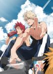  2boys bakugou_katsuki blonde_hair blue_sky boku_no_hero_academia bottle drinking gym_uniform kaminari_denki kirishima_eijirou looking_at_viewer male_focus middle_finger multiple_boys red_eyes red_hair sky spiked_hair sweat taking_picture tongue tongue_out water_bottle 