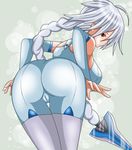  1girl ahoge arc_system_works ass bare_shoulders blazblue bodysuit braid breasts cameltoe from_behind huge_ass large_breasts leaning leaning_forward long_hair looking_at_viewer nu-13 red_eyes shadako26 shiny shiny_clothes shiny_hair sideboob silver_hair single_braid solo very_long_hair 