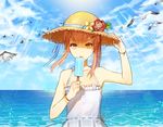  animal bird blonde_hair blue_sky bracelet cloud day dress flower food hair_ornament hairclip hand_on_headwear hat horizon jewelry kim_eb long_hair looking_at_viewer ocean original outdoors popsicle seagull sky solo straw_hat tongue tongue_out yellow_eyes 