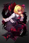  :d ascot black_skirt black_vest blonde_hair character_name collared_shirt commentary_request cross darkness glint hairband kokka_han leaning_forward long_sleeves looking_at_viewer monster open_mouth pink_eyes rumia shirt short_hair skirt skirt_set smile snake solo touhou v-shaped_eyebrows vest white_shirt 
