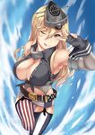  american_flag american_flag_legwear bd blonde_hair breasts cleavage commentary_request elbow_gloves fingerless_gloves front-tie_top garter_straps gloves hair_between_eyes headgear highres iowa_(kantai_collection) kantai_collection large_breasts long_hair miniskirt mismatched_legwear skirt smile solo star star-shaped_pupils striped striped_legwear symbol-shaped_pupils thighhighs vertical-striped_legwear vertical_stripes 