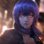  black_jacket blue_hair downscaled ghost_in_the_shell jacket kusanagi_motoko long_hair md5_mismatch raikoart rain red_eyes resized signature solo 